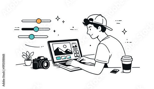 Photographer's Editing Zone. Creative photography process. A photographer editing  s on a laptop, adjusting composition and contrast with calm