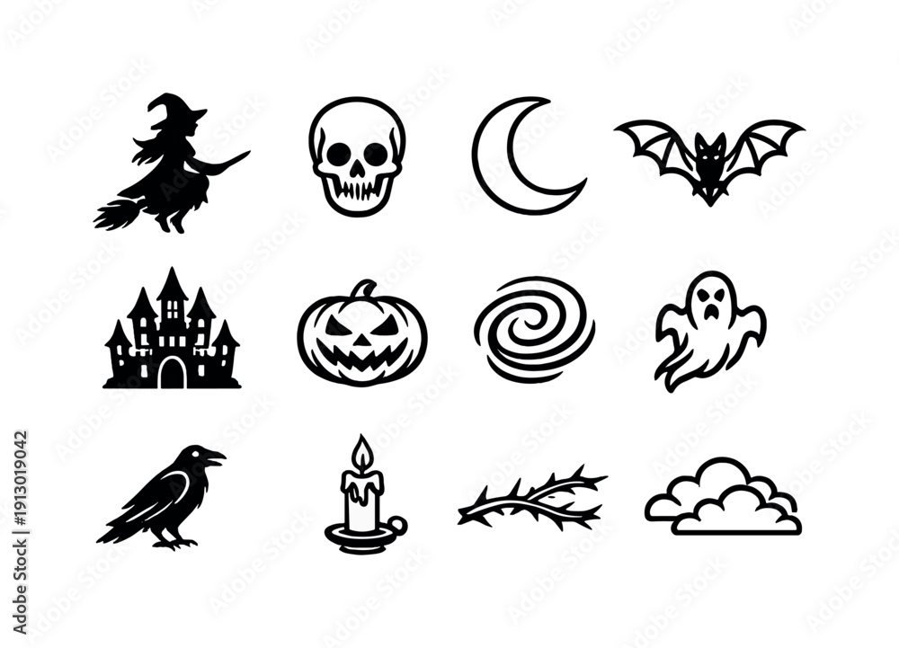 Fototapeta premium Dark fantasy Halloween art. Line outline icon set of Dark fantasy Halloween art: dark witch