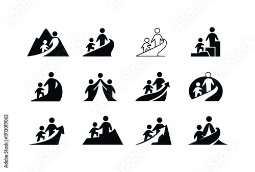 Mentorship. Icon set. Set Logo of mentorship: growth path figures. harmonious logo variations of the same emblematic concept, each with