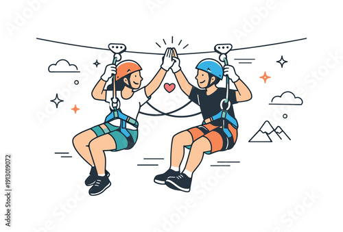 Adventure Couple Climbing. Adventure sports tourism couple activity. Two people enjoying a climbing or zip-lining experience together, connected by ropes and