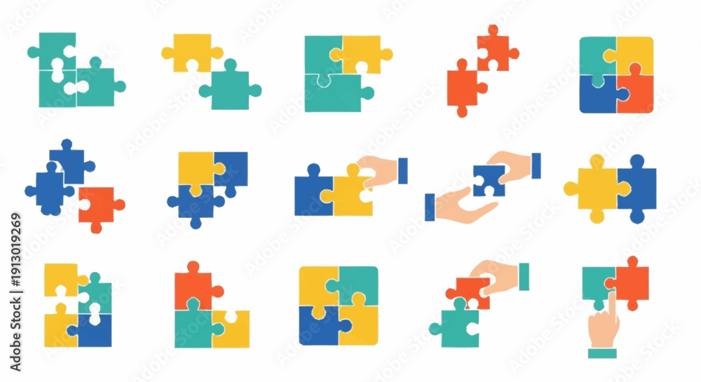 Naklejka premium Colorful Jigsaw Puzzle Pieces Assembling Together.