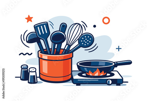   Cooking essentials. Utensil holder beside a stove, ladles and whisks slightly angled, motion