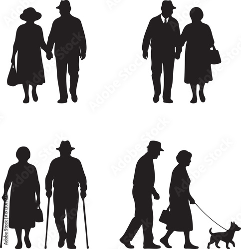 Collection of four elderly couple silhouettes walking, white background