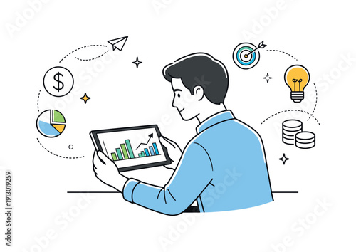 Financial graphs. A person reviews simple financial charts on a tablet, showing focused decision-making and clarity. Friendly professional