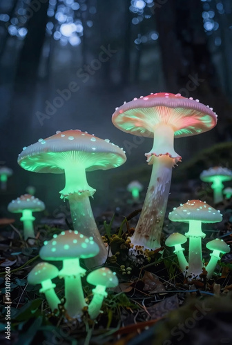 Glowing mushrooms illuminate forest floor with vibrant green light
