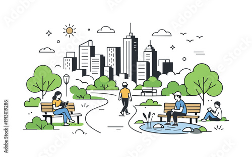 Urban park as green oasis. Tall city buildings in the background while a quiet park with trees, benches, and walking paths creates a peaceful