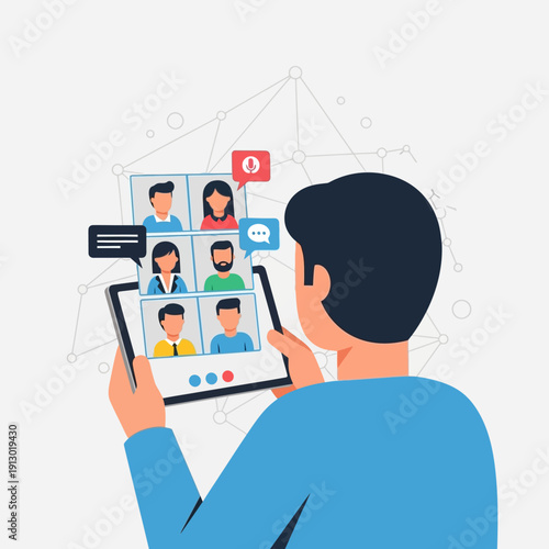 Man video conferencing on a tablet.