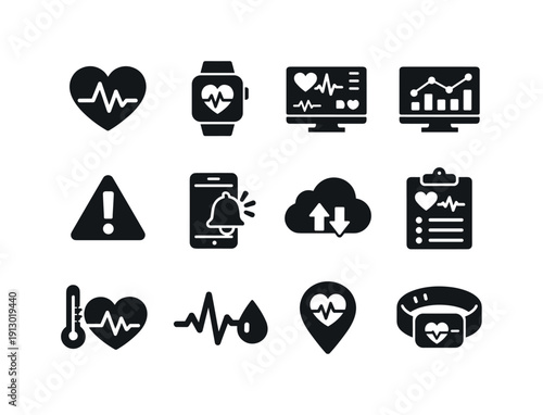   Remote Patient Monitoring. Filled icon set of Remote Patient Monitoring: heart rate monitor,