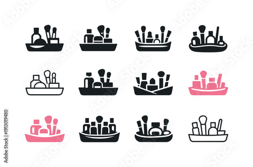 Makeup organizer tray. Icon set. Set Logo of makeup organizer tray: vanity tabletop organizer. harmonious logo variations of the same
