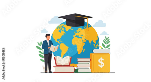 Man wearing graduation cap holding book.