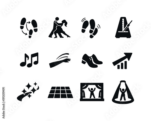 Dance Motion Icons. Dance Movement. Solid icon set of Dance Movement: motion steps, couple in pose, foot pattern, fast tempo icon, musical beat, arm flourish,