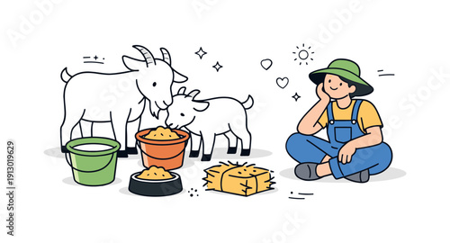 Farm care concept. A clean composition with goats, feed buckets, and a relaxed person, symbolizing animal care and sustainable living.