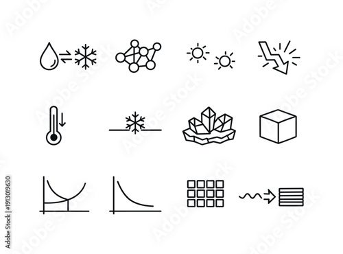 Phase Change Freezing. Line icon set of Phase Change Freezing: liquid to solid arrows, molecular structure, slowed particles, energy loss