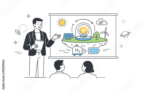 Clean Energy Breakthrough. Revolutionary developments in renewable energy. A researcher presenting a breakthrough clean energy concept on a large screen. Calm