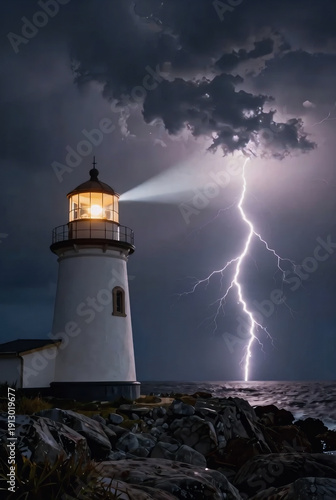 Dramatic lighthouse beam cuts through stormy night with lightning