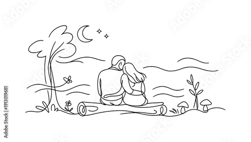   "Enchanted forest romance". Minimalistic one-line drawing couple sitting together on a log