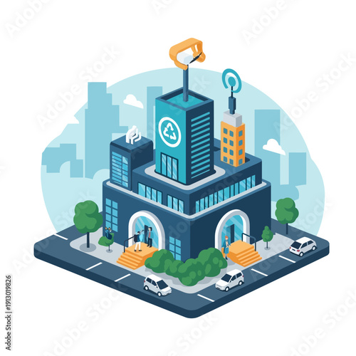 Modern office building with clock tower.