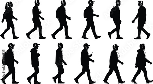 Black silhouettes of people walking wearing headphones white background