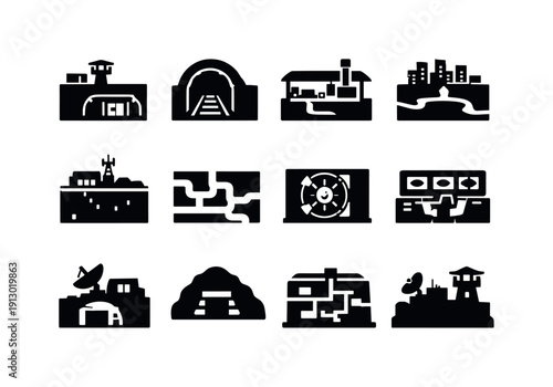 Underground Base Icons. Underground bases. Solid icon set of underground bases: underground bunker, secret tunnel base, subterranean shelter, hidden