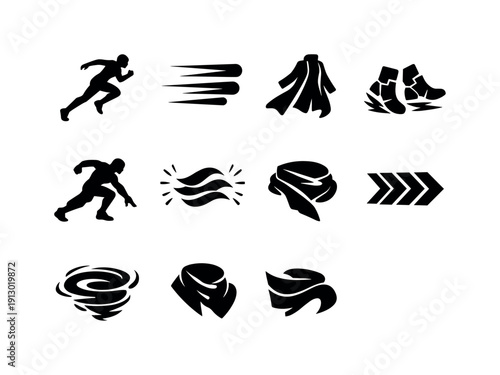   Sci fi fashion movement. Filled icon set of Sci fi fashion movement: running silhouette,