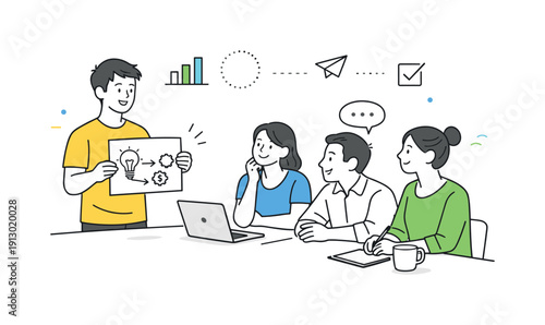 Employee-driven innovation. Individual employee presenting a simple idea sketch to colleagues who listen attentively. Friendly atmosphere of