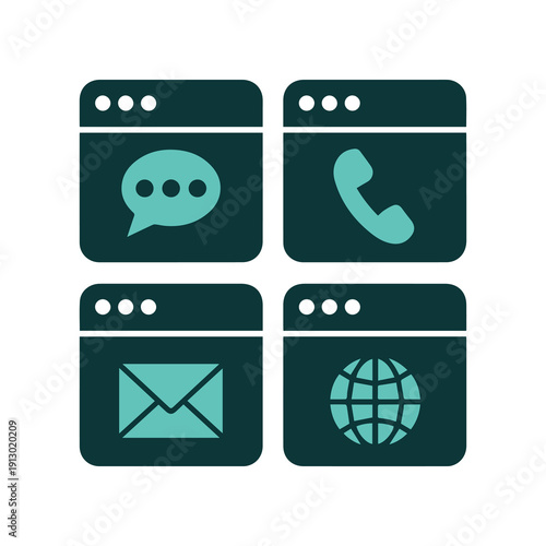 Four browser windows displaying communication icons message phone email and globe