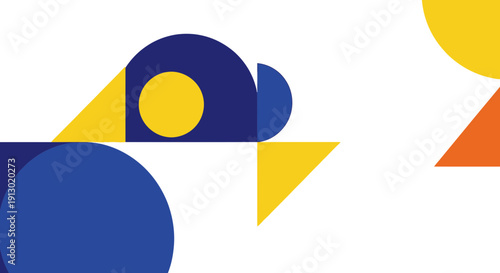 Abstract geometric composition with shapes in primary colors against white background