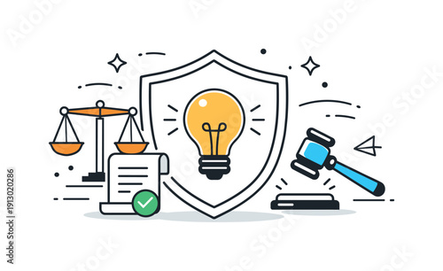 Innovation Protection Symbol. Business and innovation protection. A lightbulb symbol shielded by abstract legal icons, calm balance between creativity and law.