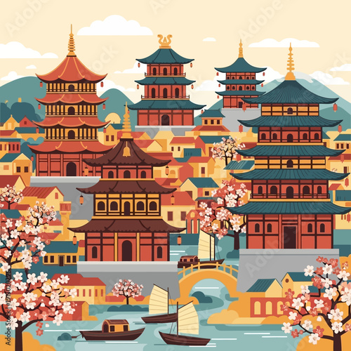 Pagoda buildings with boats on water.