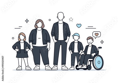 Fashion diversity scene. Several mannequins or characters of different sizes dressed in similar outfits, standing side by side. The scene