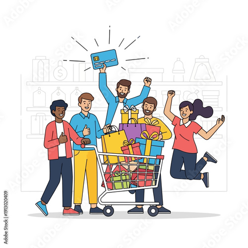 People celebrating with shopping cart.