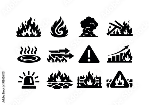 Fire Out of Control. Solid icon set of Fire Out of Control: uncontrolled blaze, spiral flames, massive smoke, collapsing beams, extreme heat