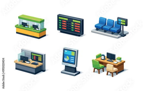 Bank interior. Isometric flat vector icons set of bank interior: currency exchange counter, exchange board above desk, customer waiting area