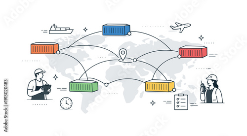 Global shipping concept. Shipping containers connected by thin lines across a simplified map-like space, symbolizing international logistics