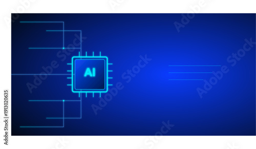 Vector illustration of a glowing blue AI microchip with connected circuit lines on a dark gradient background, ideal for technology presentations or website banners.