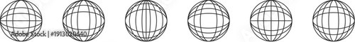Vector set of six wireframe globes with varying grid distortions, isolated on a transparent background for technology and communication designs.