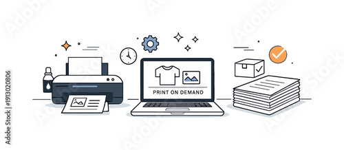 Minimalist Printing Workspace. Printing on demand concept. Printer, laptop, and stacked papers arranged in a tidy workspace. Calm efficiency and modern