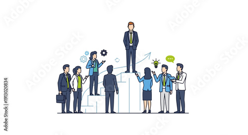 Business leader stands above team members on steps with upward arrow illustration