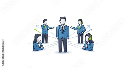 Business leader surrounded by team members and arrows graphic design concept