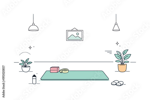 Yoga mat pastel studio vibe. A minimal yoga space with a pastel mat centered, calm atmosphere and lots of empty space. The scene feels airy,