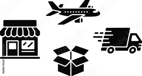 Flat Vector Icons for Online Shopping - Retail Store, Box, Air Transport