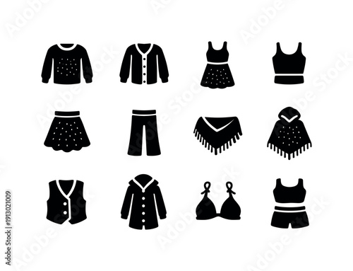 Crochet fashion pieces. Solid icon set of crochet fashion pieces: crochet sweater, crochet cardigan, crochet dress, crochet top, crochet