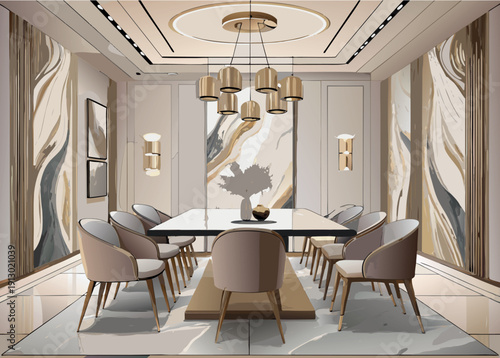 Elegant Modern Dining Room Interior with Marble Accents and Gold Chandelier