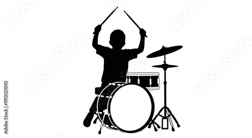 Drummer Silhouette Playing Drum Set Music.