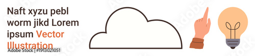 Creativity, brainstorming, innovation, decision-making, technology, communication. A cloud, pointing hand and light bulb in clean minimal design. Creativity and brainstorming concept
