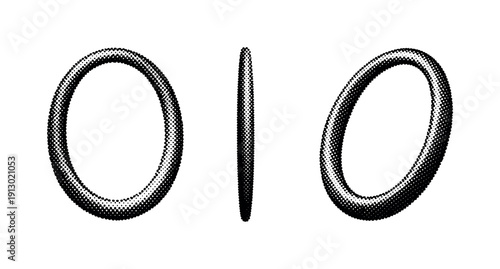 Halftone dotted oval frame shown as a single object presented in three views: front view, side view, and three-quarter view. Black and white