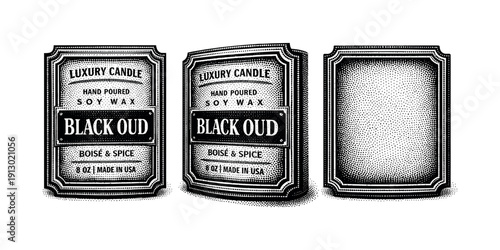 Luxury candle label with layered frame and text hierarchy shown in straight-on view, slight three-quarter tilt, and back view as a single