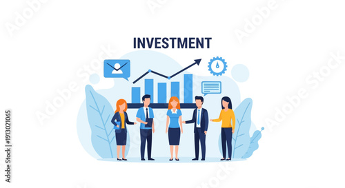 Business professionals discussing financial investment strategies with upward trend chart