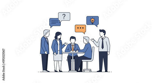 Business professionals discussing ideas at a meeting with speech bubbles