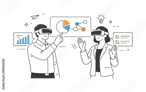 Virtual reality collaboration. Two professionals standing side by side in VR headsets, discussing and manipulating virtual screens. Calm